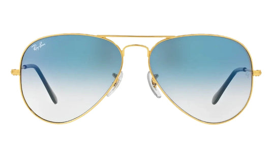 Front view of Ray-Ban RB3025I 001/3F aviator sunglasses featuring gradient blue lenses and a classic gold metal frame.