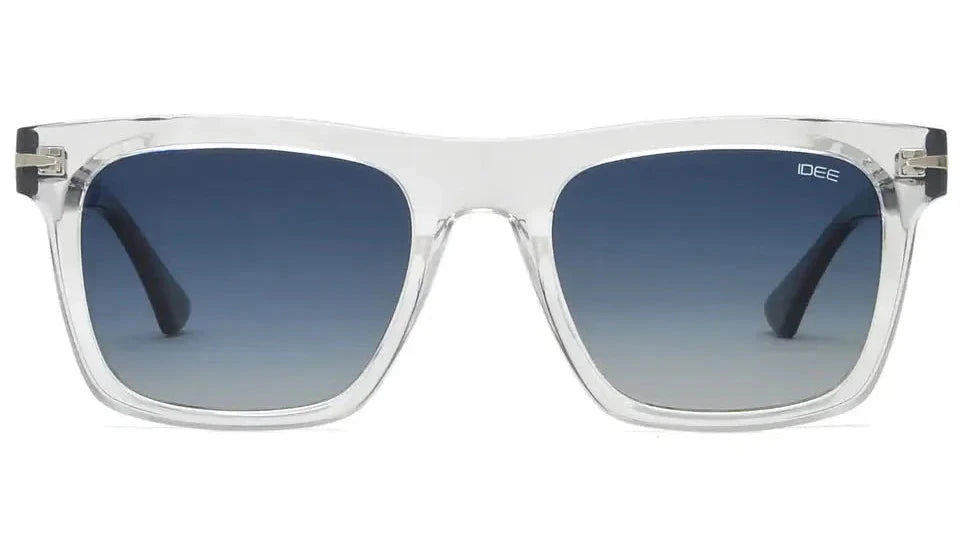 Front view of IDEE square sunglasses with a clear frame and gradient blue lenses.