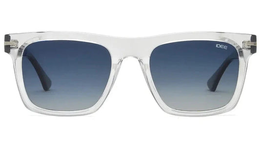 Front view of IDEE square sunglasses with a clear frame and gradient blue lenses.