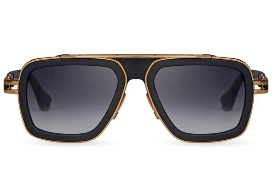 Front view of Dita LXN-EVO sunglasses with black frame, gold trim, and gradient square lenses for a bold, luxury look.
