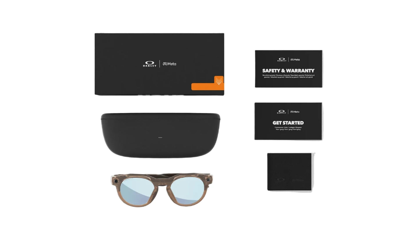 Oakley sunglasses and accessories including a case, warranty card, and start guide on a white background.