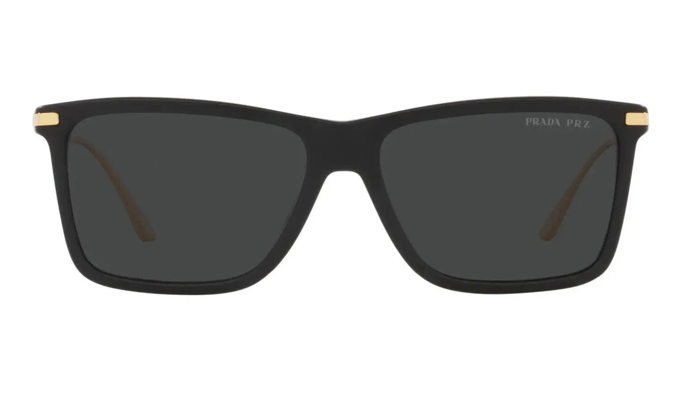 Front-facing view of PRADA SPR 01ZS 1B008G sunglasses with a sharp, structured silhouette and luxurious finish.