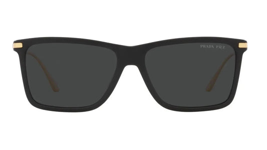 Front-facing view of PRADA SPR 01ZS 1B008G sunglasses with a sharp, structured silhouette and luxurious finish.