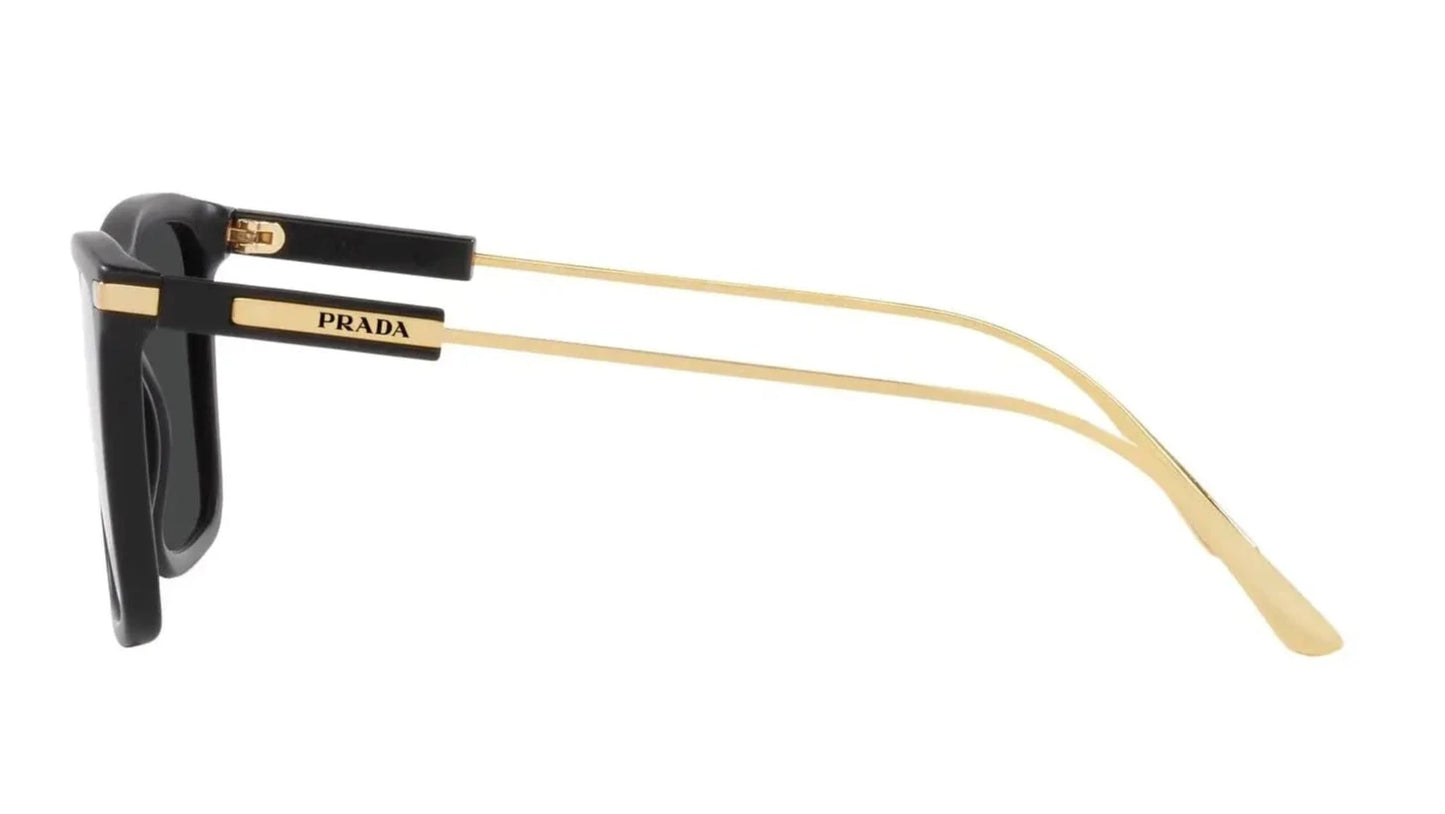 Side view of PRADA SPR 01ZS 1B008G sunglasses with sleek black temples and Prada logo detailing.