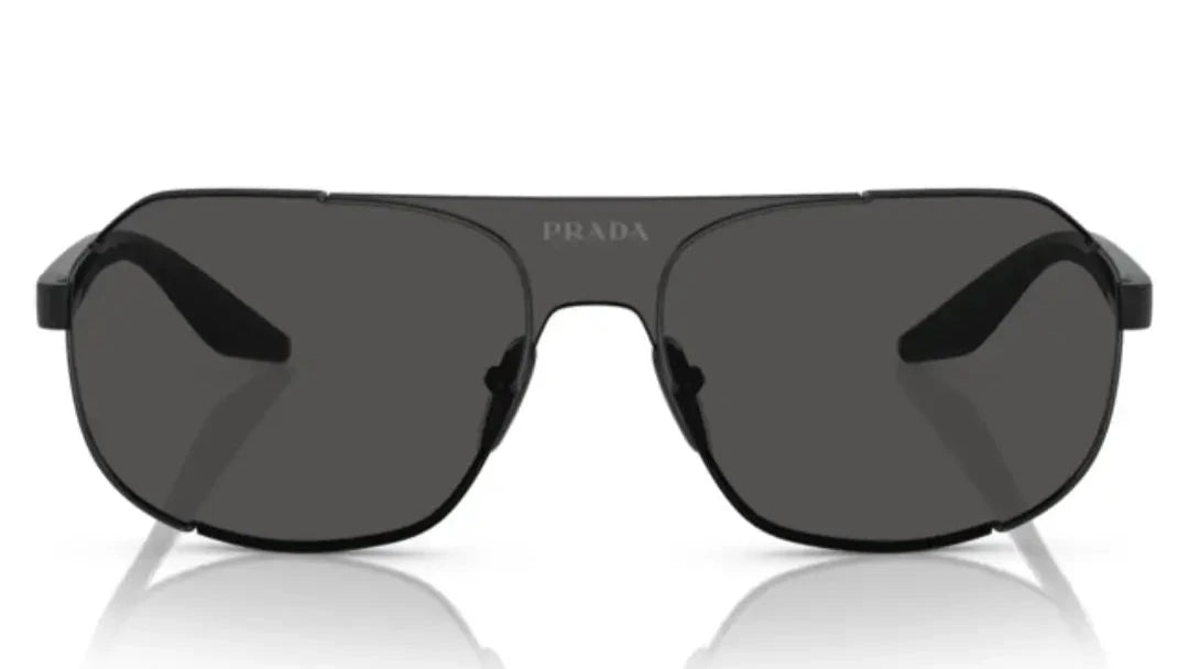 Front-facing view of PRADA SPS 53YS 1AB06F sunglasses with a sharp, sophisticated silhouette.