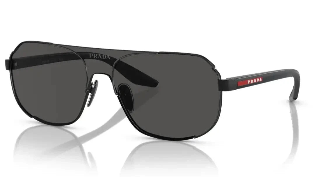 Angled view of PRADA SPS 53YS 1AB06F sunglasses highlighting the modern square frame and dark grey lenses.
