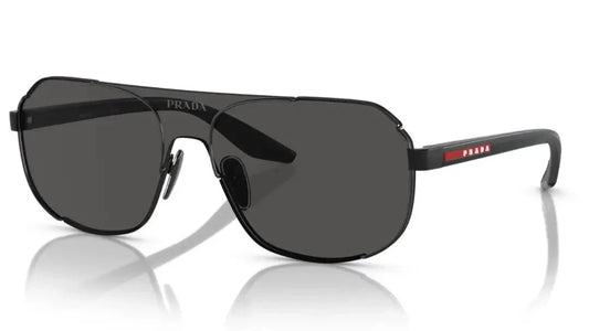 Angled view of PRADA SPS 53YS 1AB06F sunglasses highlighting the modern square frame and dark grey lenses.