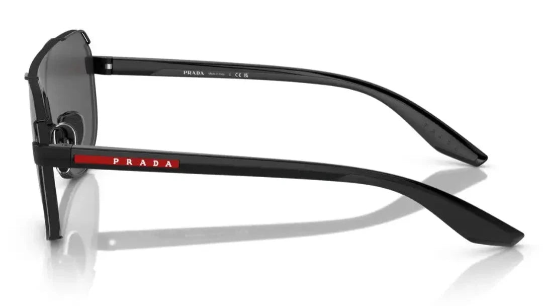 Side view of PRADA SPS 53YS 1AB06F sunglasses showcasing sleek black temples with Prada logo detail.