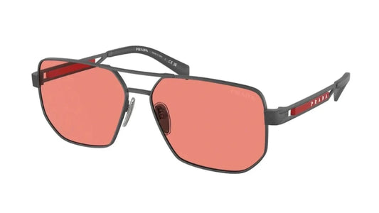 Close-up of the side profile showcasing Prada branding and red accent details on the temples.