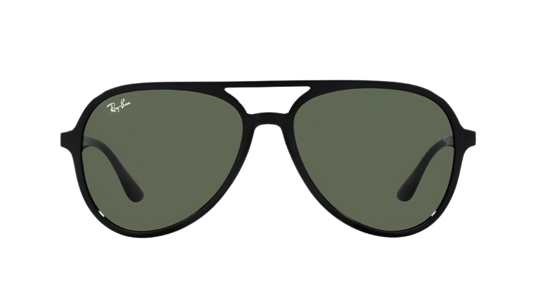Aviator sunglasses with dark green lenses and black frames on a white background