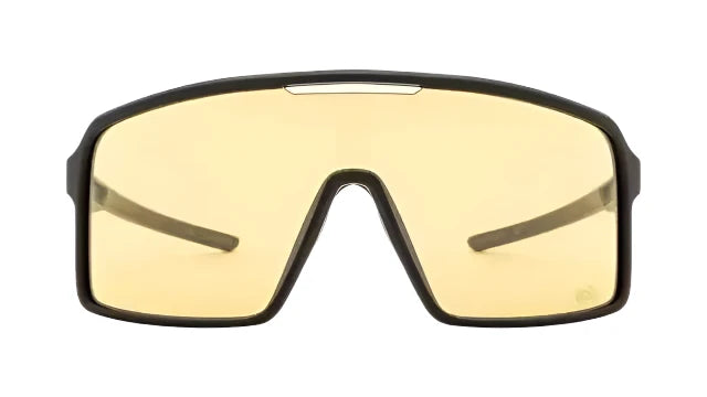 Royal Enfield RE 20020 C02 sunglasses with amber lenses and black frame — front view.