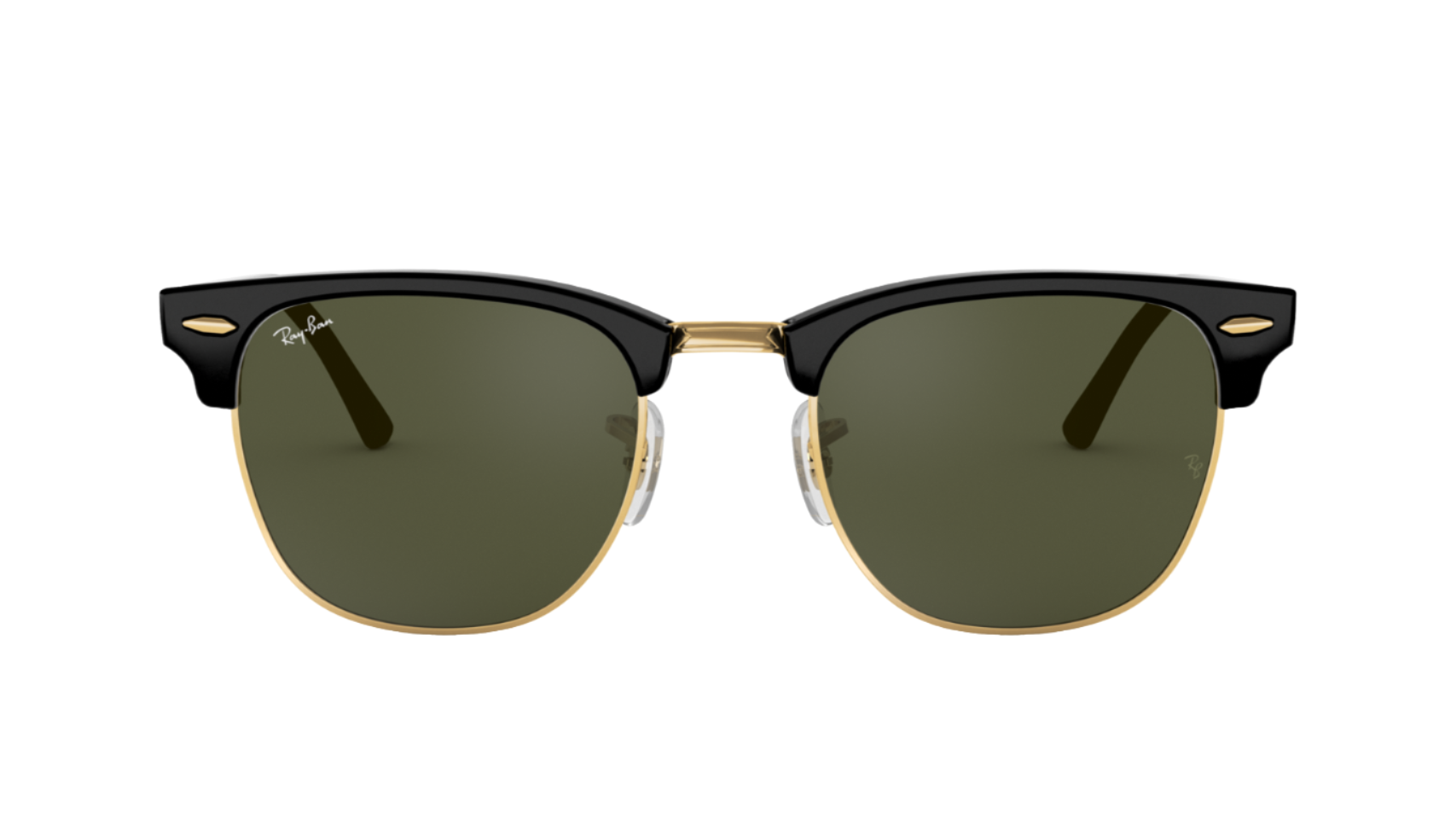 Sunglasses with black frame and green lenses on a white background