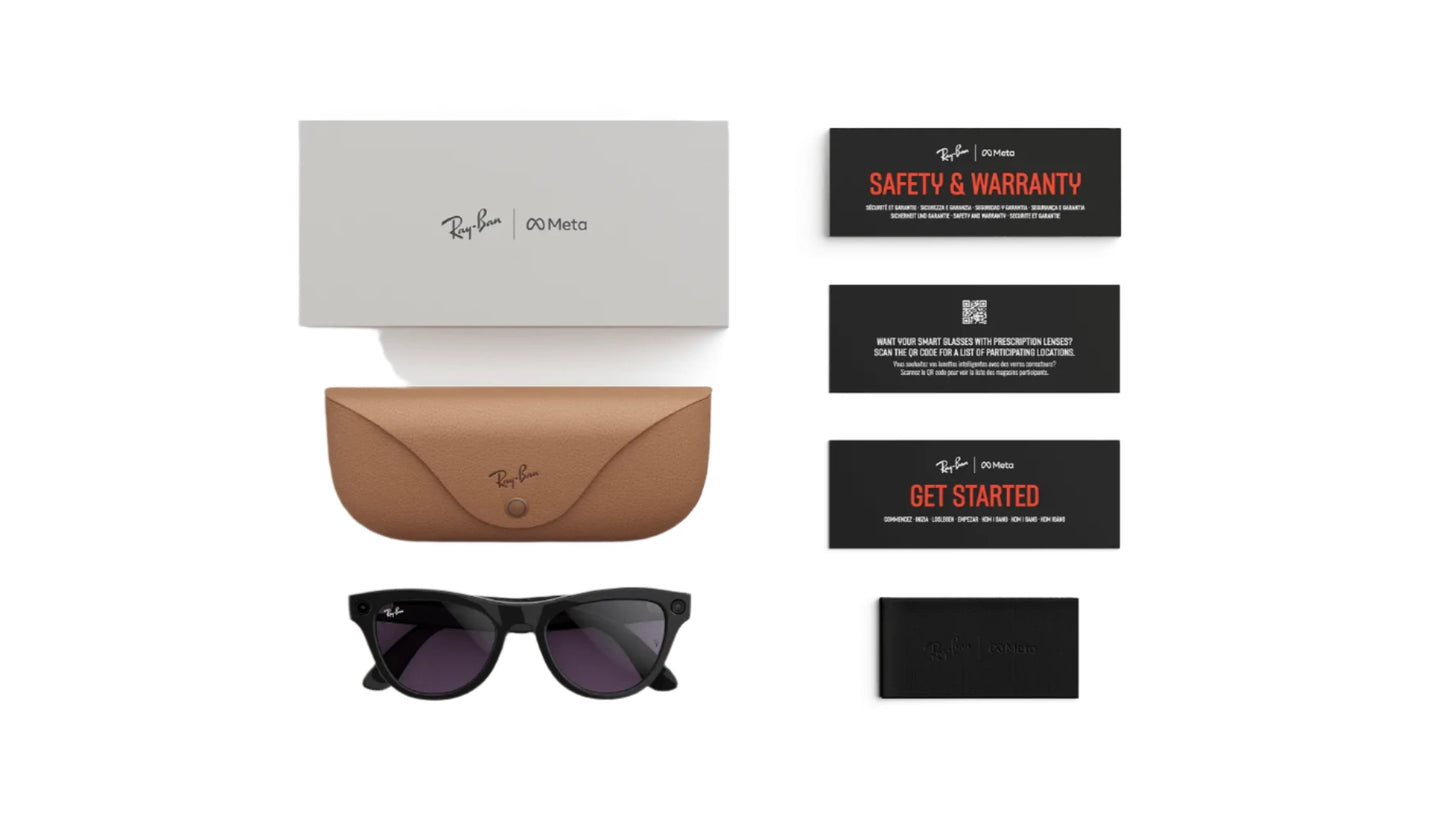 Ray-Ban sunglasses with brown case and warranty card on a white background