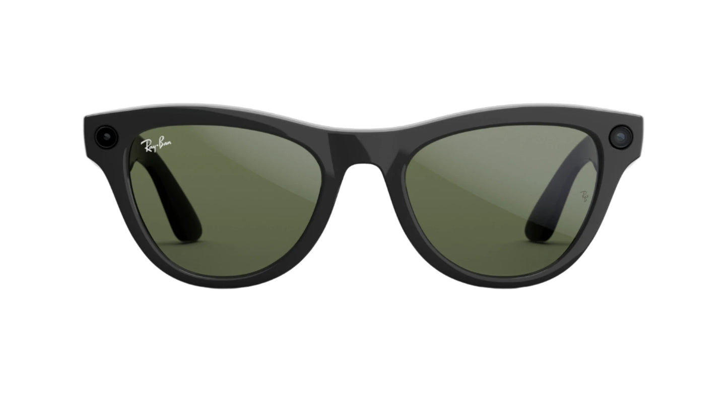 Ray-Ban Meta Skyler smart glasses in shiny black with G-15 green lenses – 52mm, featuring built-in camera and open-ear speakers