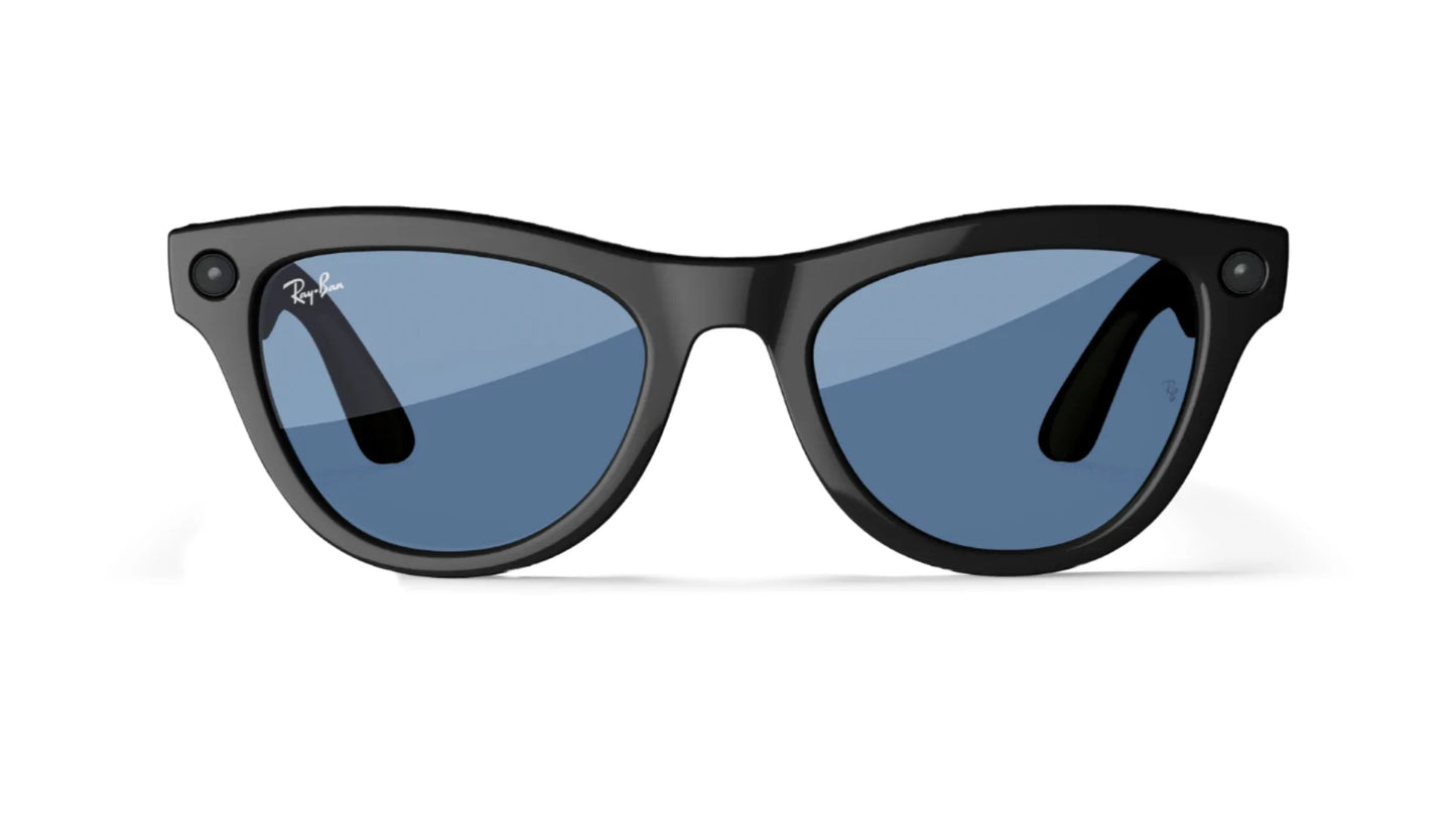 Black-framed Ray-Ban Meta Skyler sunglasses with blue lenses on a white background