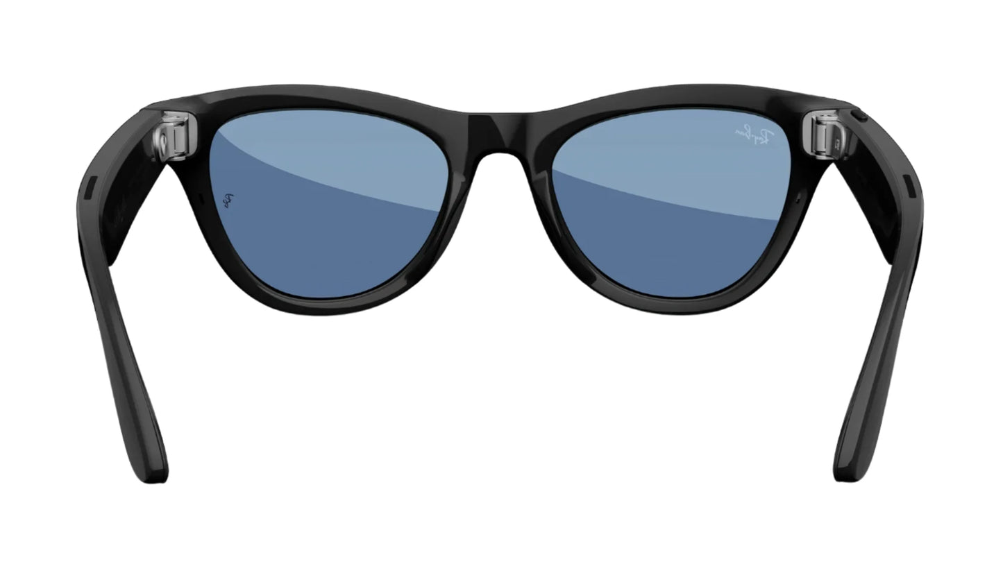 Black Ray-Ban Meta Skyler sunglasses with blue lenses on a white background