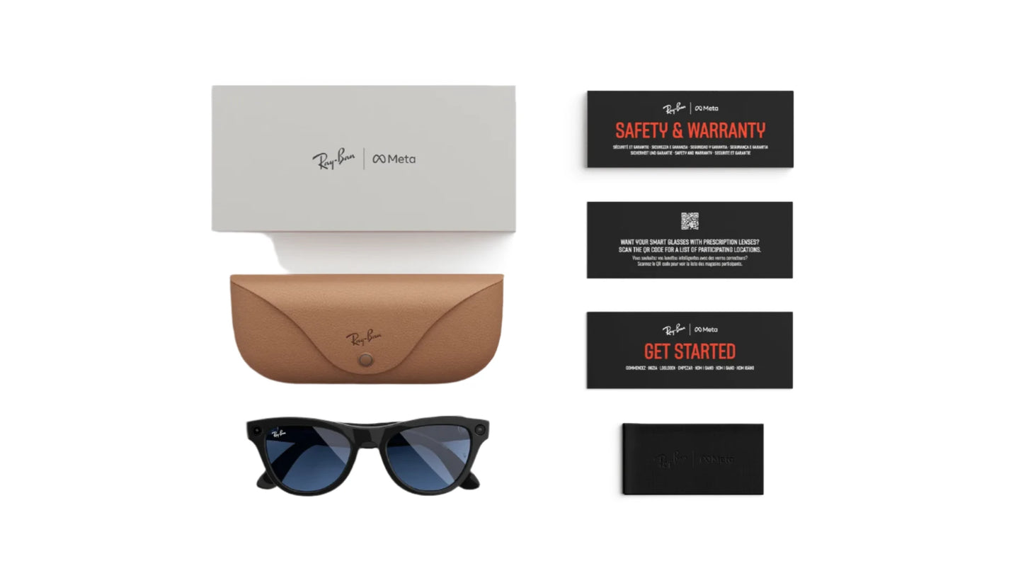 Ray-Ban sunglasses with brown case and warranty card on a white background