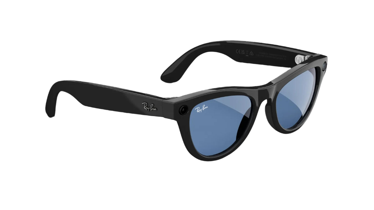 Black Ray-Ban Meta Skyler sunglasses with blue lenses on a white background