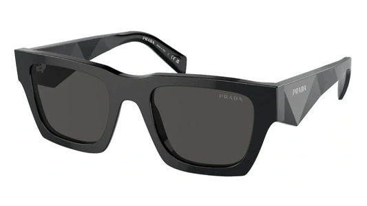 Angled view of PRADA SPR A06 16K 08Z sunglasses highlighting the bold, square frame and sleek design.