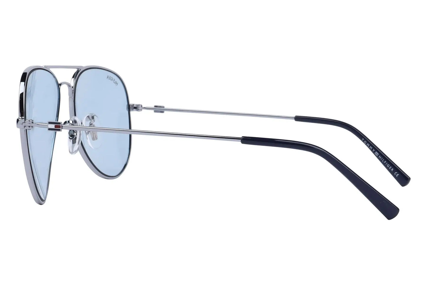 Tommy Hilfiger TH 1574 C12 aviator sunglasses with a silver metal frame and blue-tinted lenses.