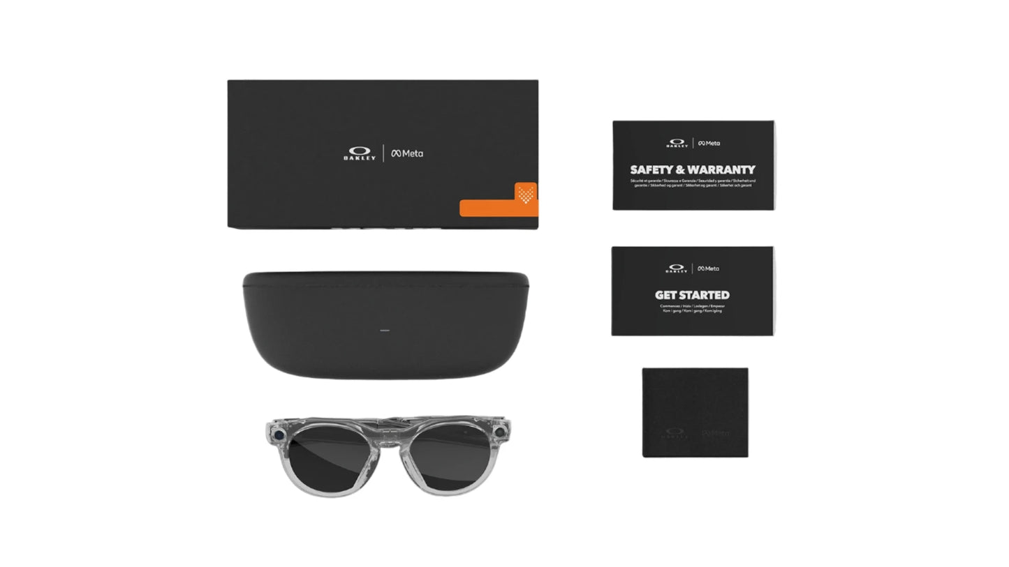 Oakley sunglasses packaging set with sunglasses, case, and documents on a white background
