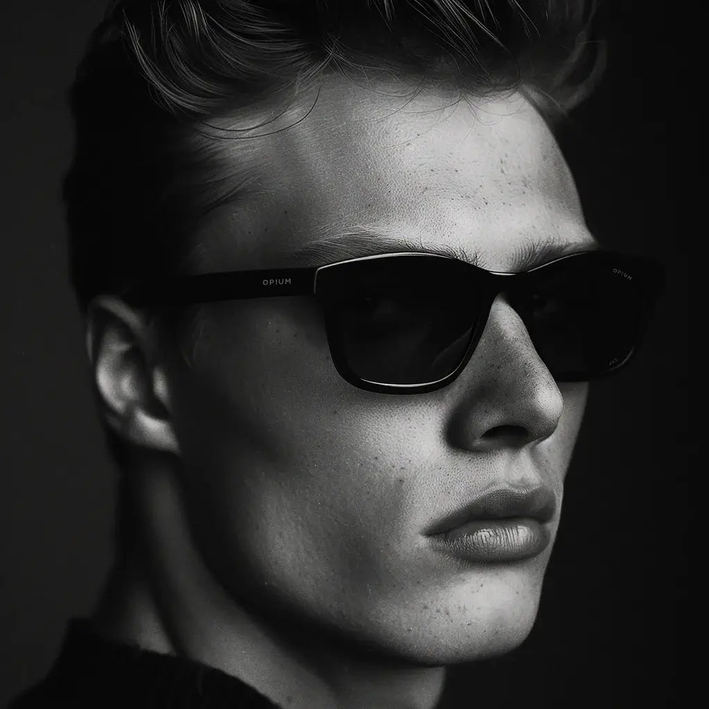 Stylish man wearing Opium sunglasses in a sleek black-and-white portrait, showcasing bold frames and modern design.