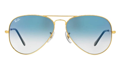 Front view of Ray-Ban RB3025I 001/3F aviator sunglasses featuring gradient blue lenses and a classic gold metal frame.