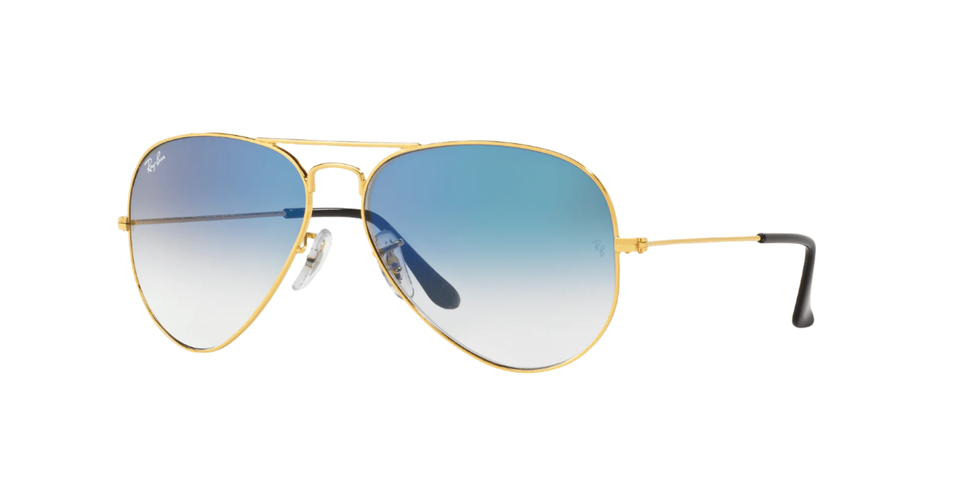 Side profile of Ray-Ban RB3025I 001/3F sunglasses highlighting the slim gold arms, black ear socks, and iconic aviator shape.