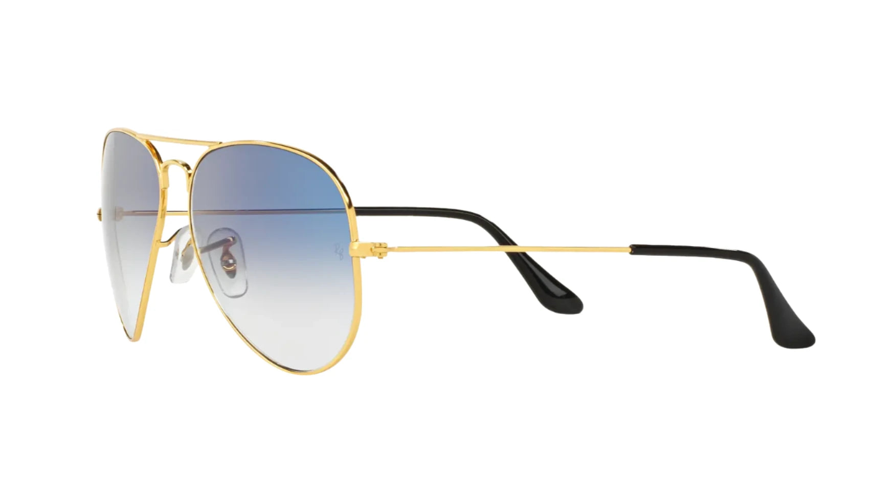 Angled side view of Ray-Ban RB3025I 001/3F aviator sunglasses showcasing the gold frame, blue gradient lenses, and black temple tips.