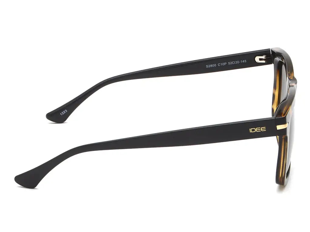 Side view of IDEE S2800 C10P sunglasses, featuring gold logo details and frame measurements engraved inside the arm.