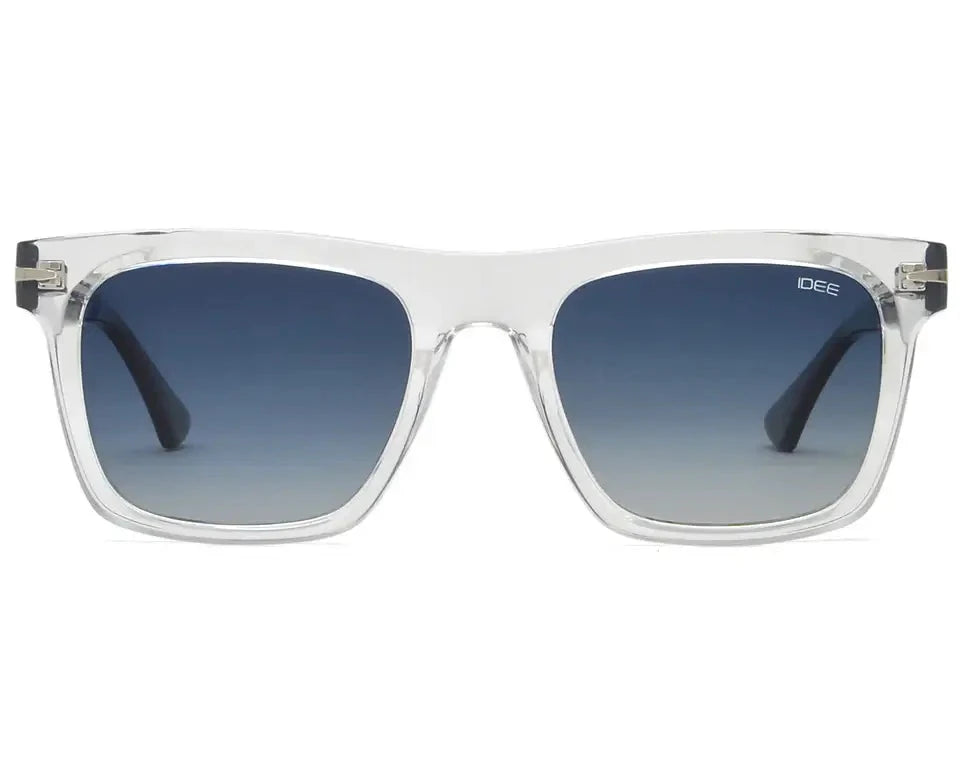 Front view of IDEE square sunglasses with a clear frame and gradient blue lenses.