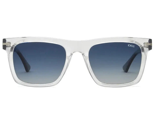 Front view of IDEE square sunglasses with a clear frame and gradient blue lenses.