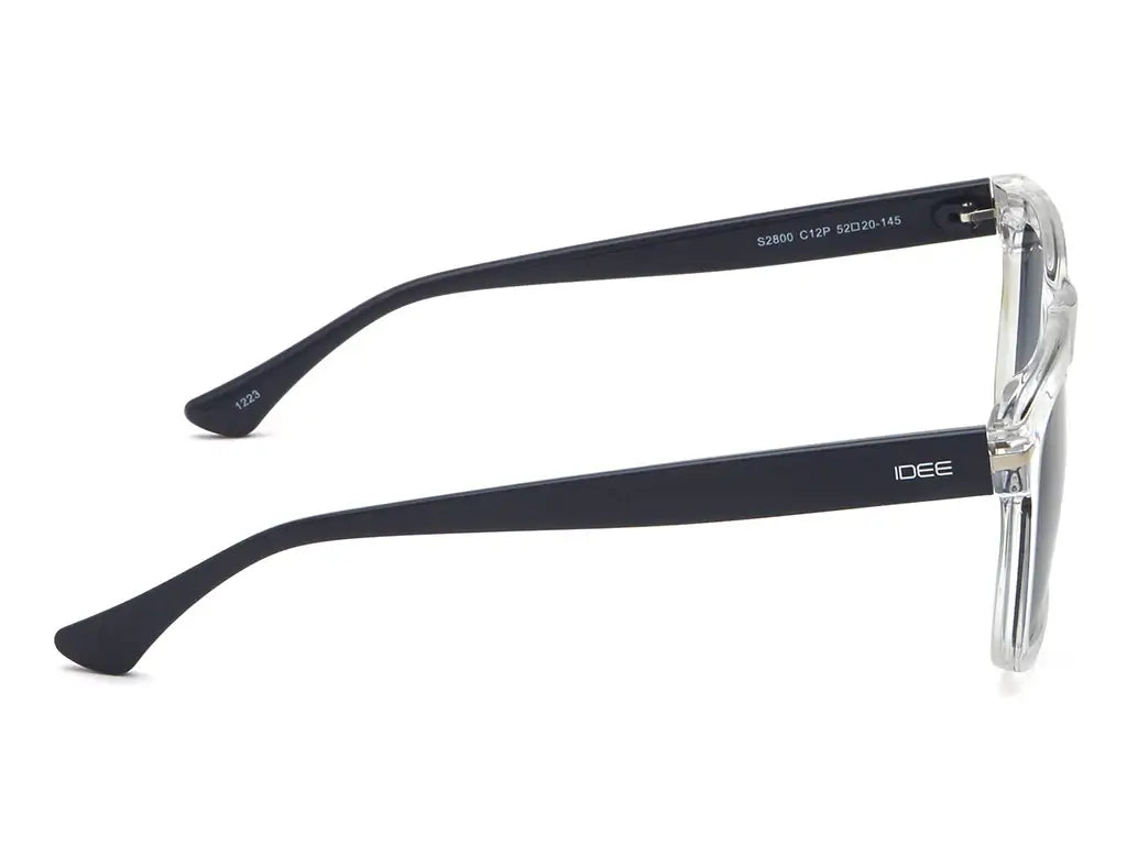 Close-up side view of IDEE sunglasses, highlighting the black temple arms with the IDEE logo and frame details.