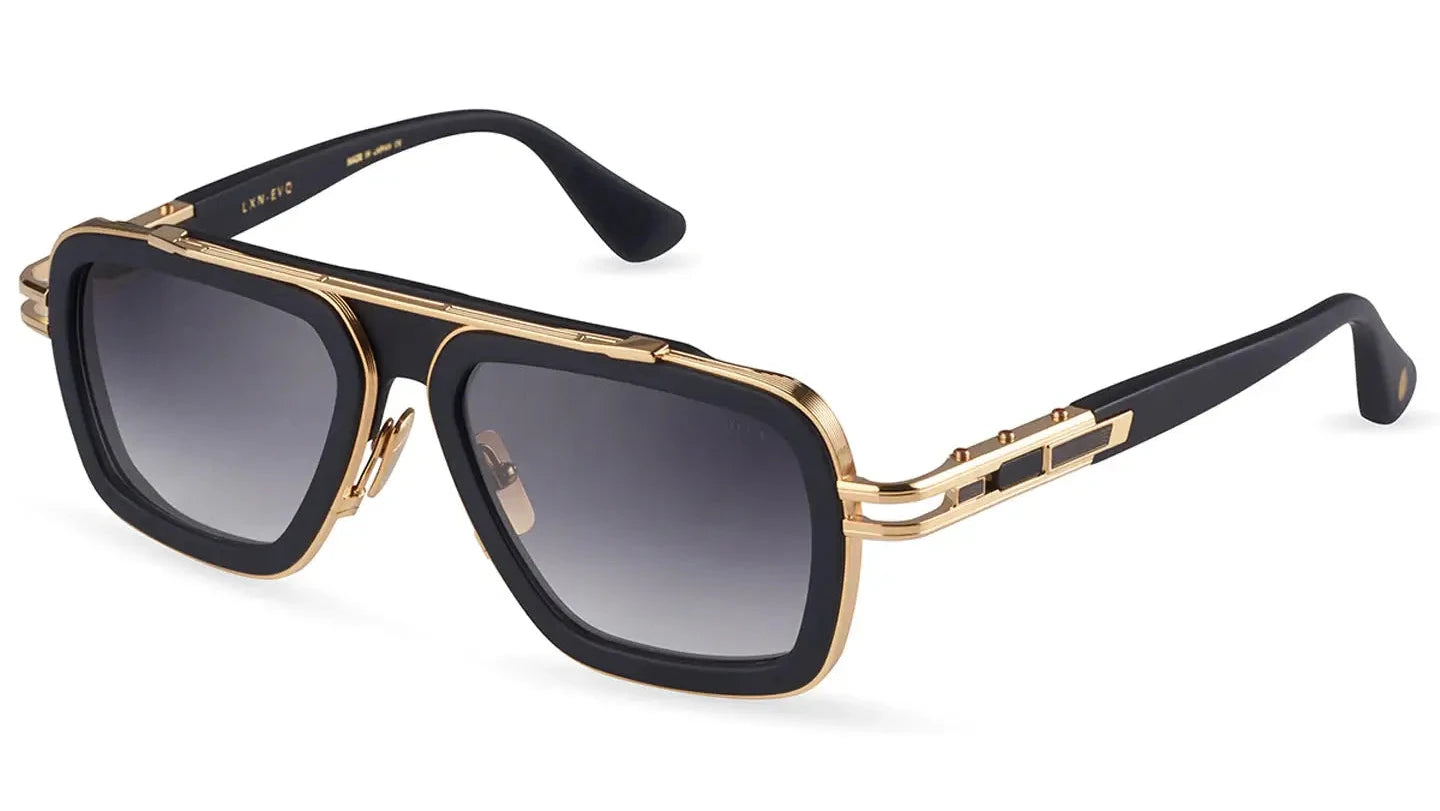 Dita LXN-EVO sunglasses with black acetate frame and gold metal accents, featuring square gradient lenses — angled side view.