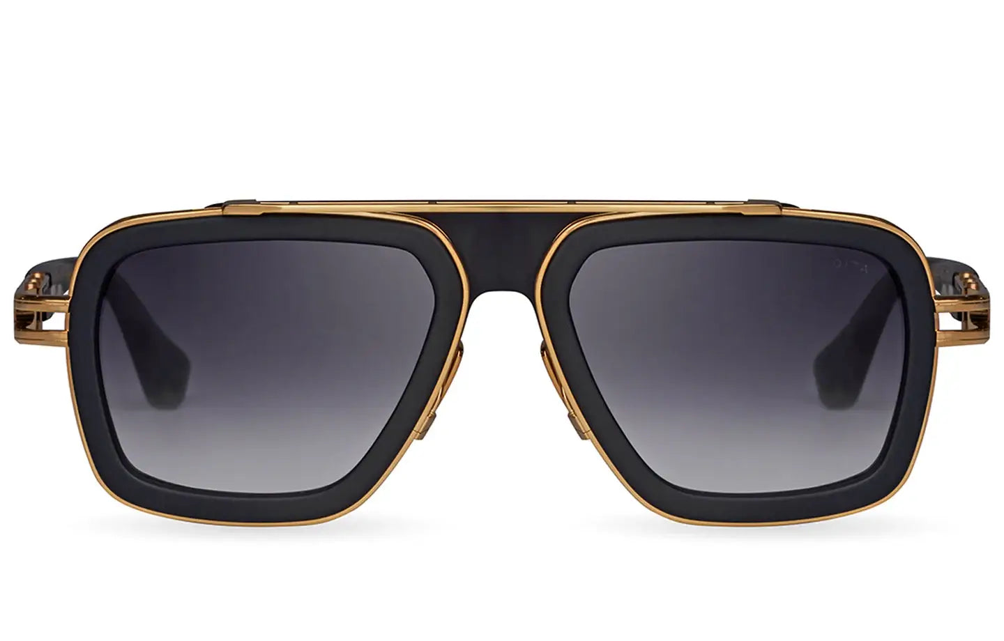 Front view of Dita LXN-EVO sunglasses with black frame, gold trim, and gradient square lenses for a bold, luxury look.