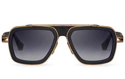 Front view of Dita LXN-EVO sunglasses with black frame, gold trim, and gradient square lenses for a bold, luxury look.