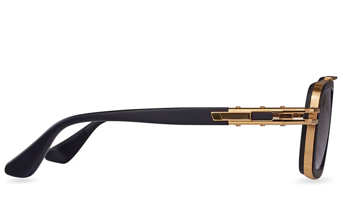 Side view of Dita LXN-EVO sunglasses, showcasing black acetate temples with gold metal detailing and geometric design.