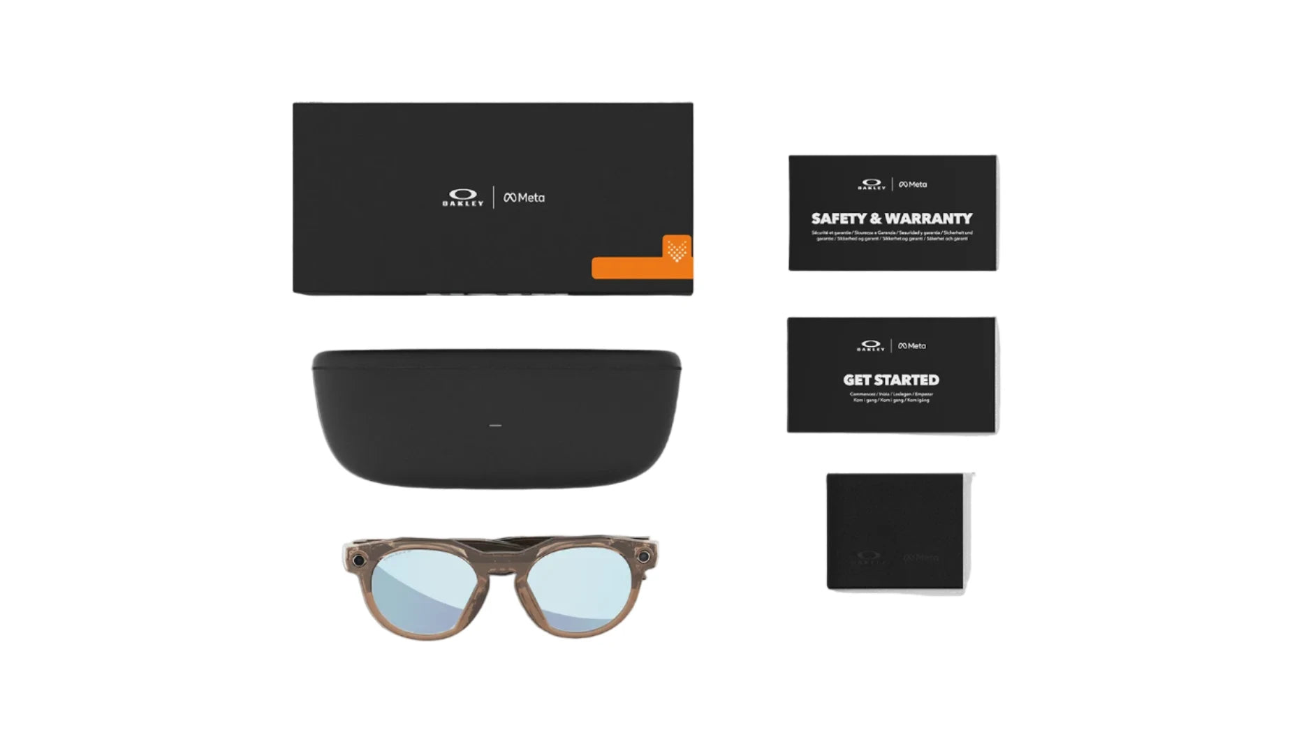 Oakley sunglasses and accessories including a case, warranty card, and start guide on a white background.