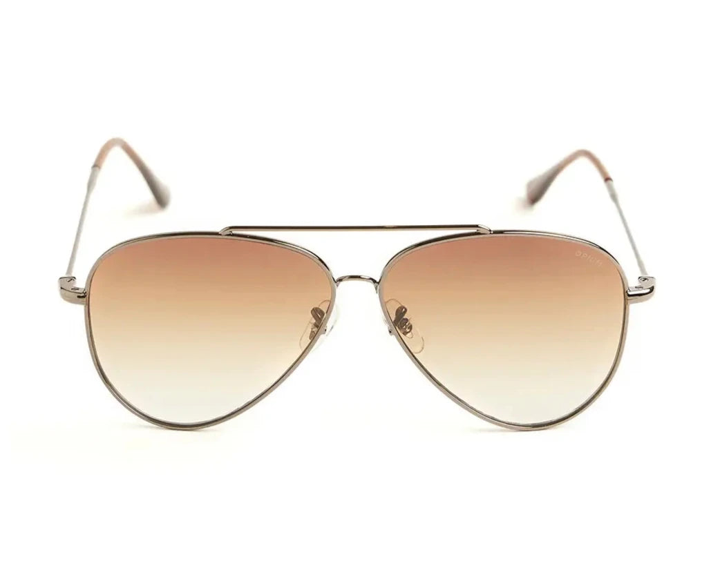 Aviator-style sunglasses with a sleek metal frame and gradient brown lenses. The design features a double bridge and thin arms with brown-tipped earpieces, giving them a classic and timeless look. The lenses transition smoothly from dark to light, adding a stylish flair while providing sun protection.