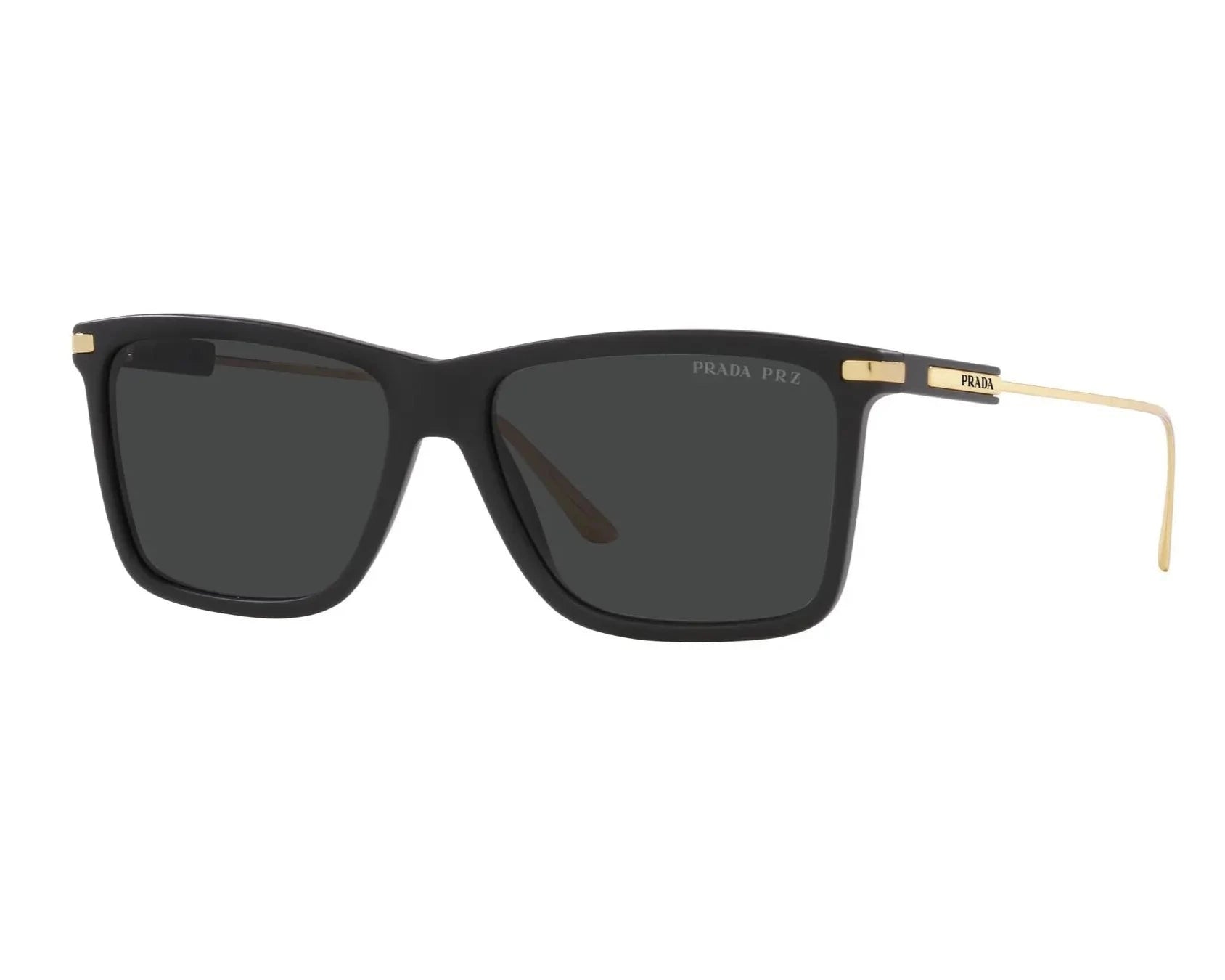 Angled view of PRADA SPR 01ZS 1B008G sunglasses showcasing the bold square frame and gradient lenses.