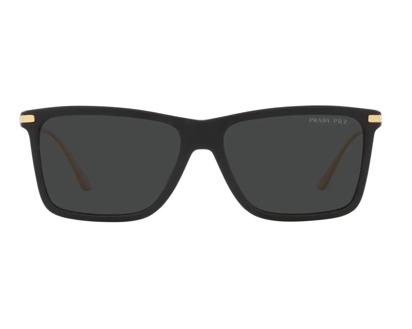 Front-facing view of PRADA SPR 01ZS 1B008G sunglasses with a sharp, structured silhouette and luxurious finish.