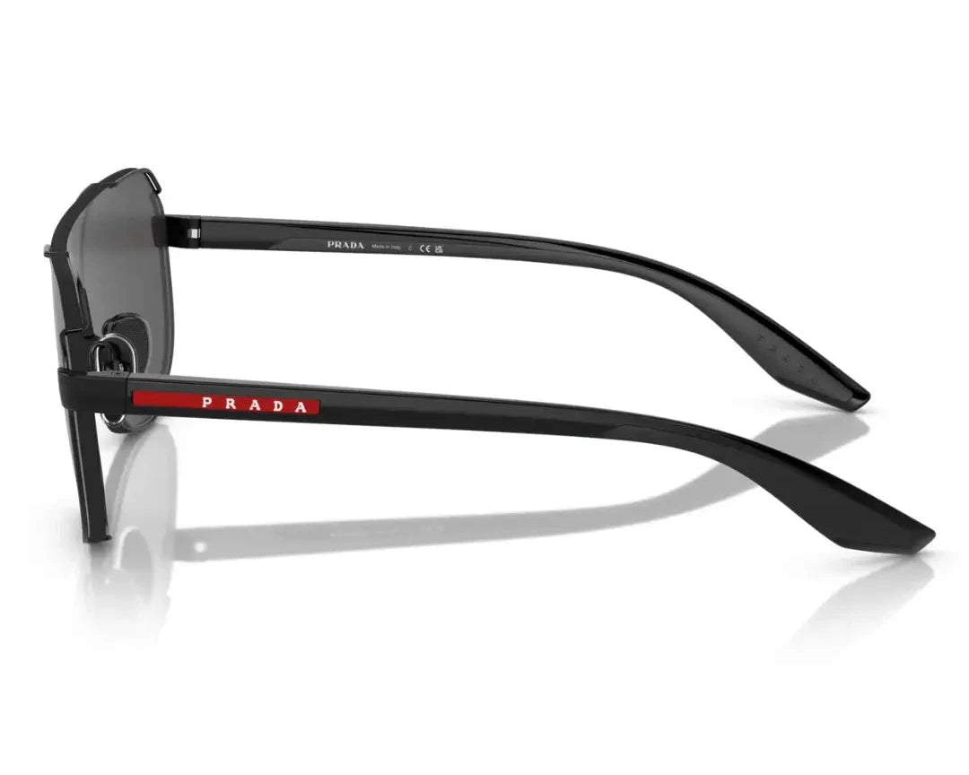 Side view of PRADA SPS 53YS 1AB06F sunglasses showcasing sleek black temples with Prada logo detail.