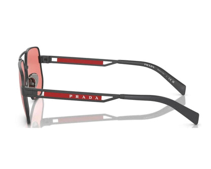 Close-up of the side profile showcasing Prada branding and red accent details on the temples.