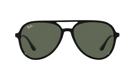 Aviator sunglasses with dark green lenses and black frames on a white background