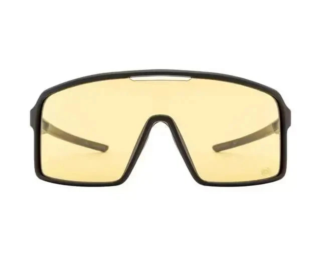 Royal Enfield RE 20020 C02 sunglasses with amber lenses and black frame — front view.