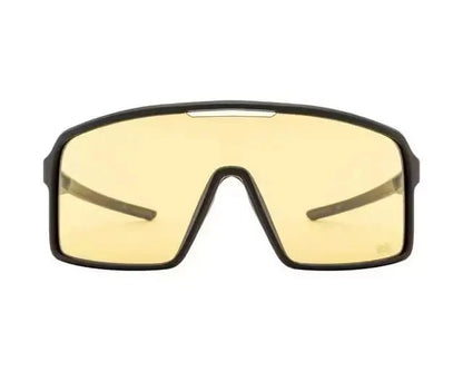 Royal Enfield RE 20020 C02 sunglasses with amber lenses and black frame — front view.