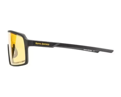 Royal Enfield RE 20020 C02 sunglasses with sleek black temples and logo detail — side view.