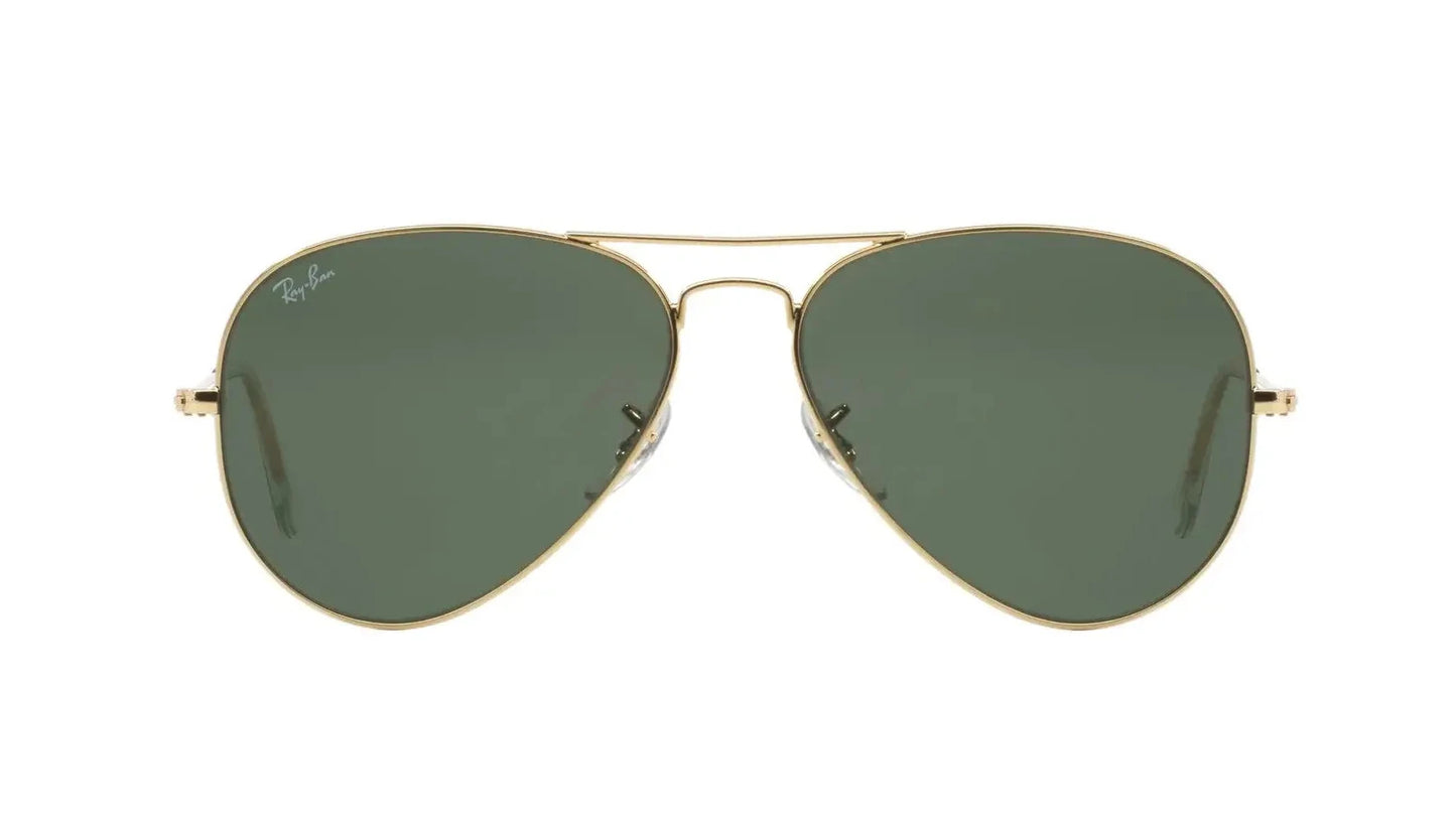 Ray-Ban 0RB3025I L0205 58 aviator sunglasses with gold metal frame and green G-15 lenses, front view.