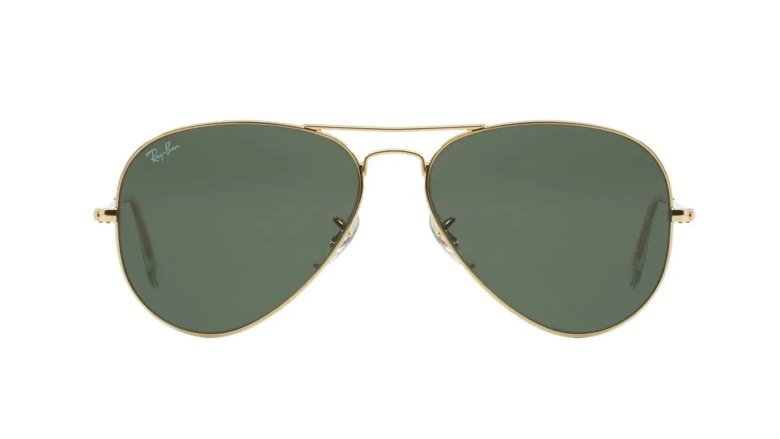 Ray-Ban 0RB3025I L0205 58 aviator sunglasses with gold metal frame and green G-15 lenses, front view.