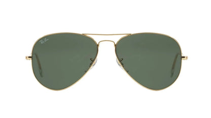 Ray-Ban 0RB3025I L0205 58 aviator sunglasses with gold metal frame and green G-15 lenses, front view.